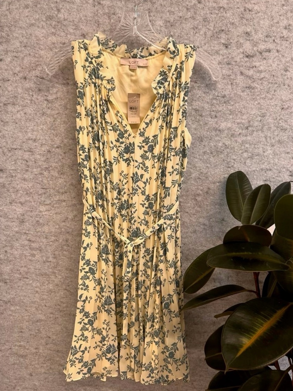 LOFT Yellow Floral Ruffle-Neck Sleeveless Dress